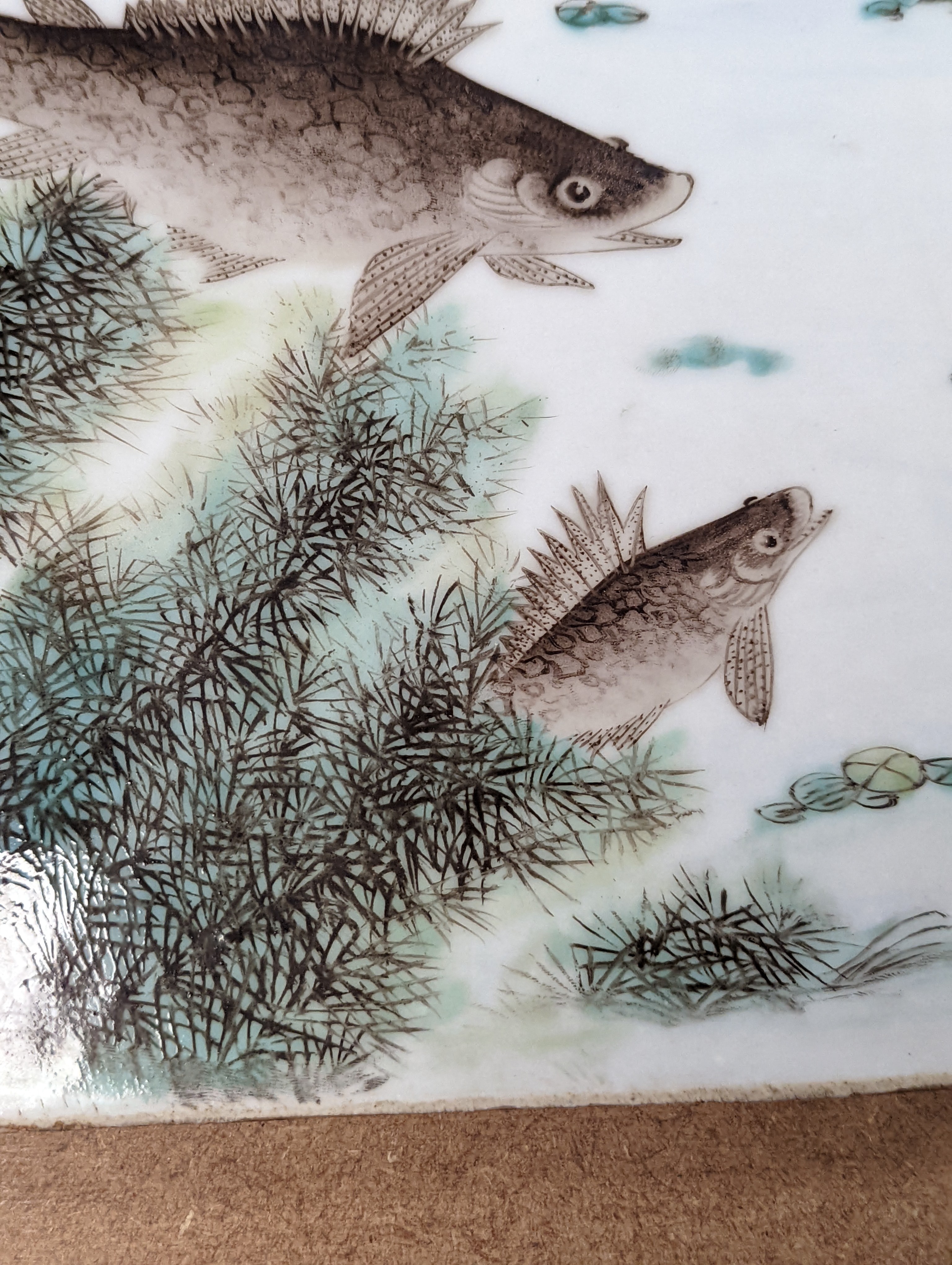 A Chinese famille rose porcelain rectangular plaque, Republic period (1912-49), painted with fish in a pond amid weed and inscribed upper left 36.5x25.5cm